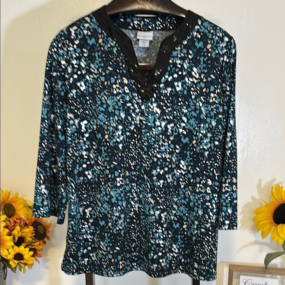 Jaclyn Smith Blue Black Abstract Print Sequin Trim Tunic Top Large - Picture 2 of 7